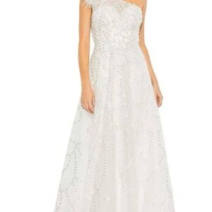 Mac Duggal White One-Shoulder Sequin Evening Gown